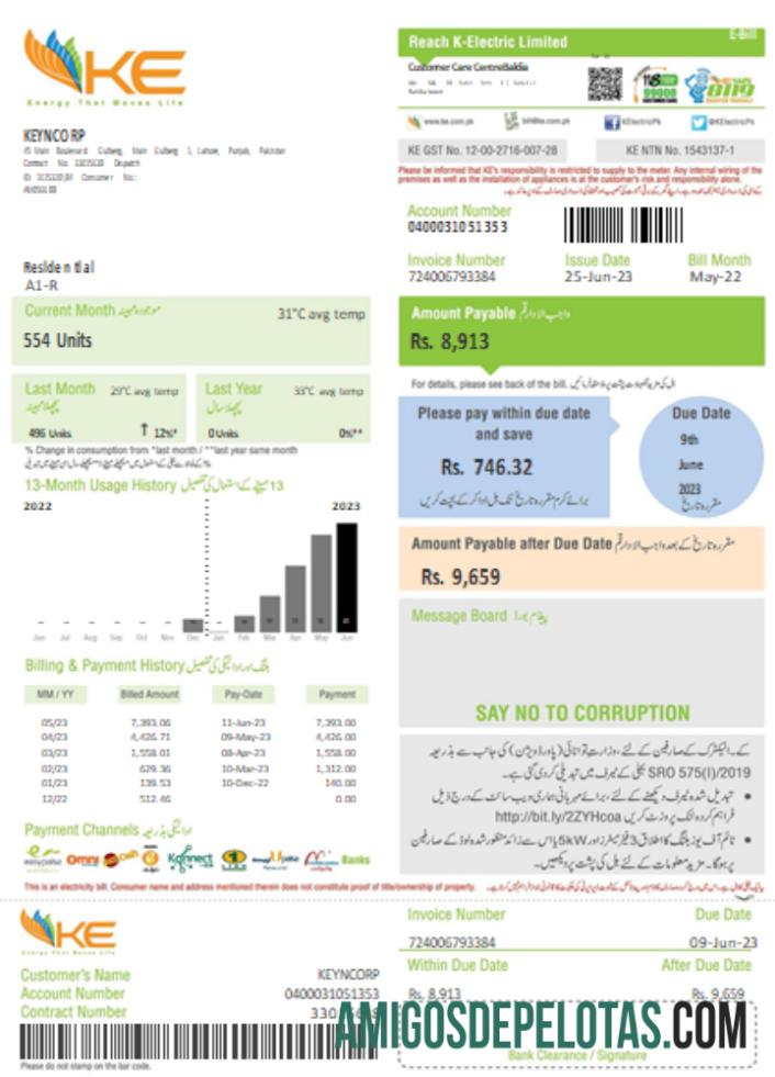 K Electric (KE) Projeto de lei de serviços públicos de eletricidade, página 1, SCR amostra